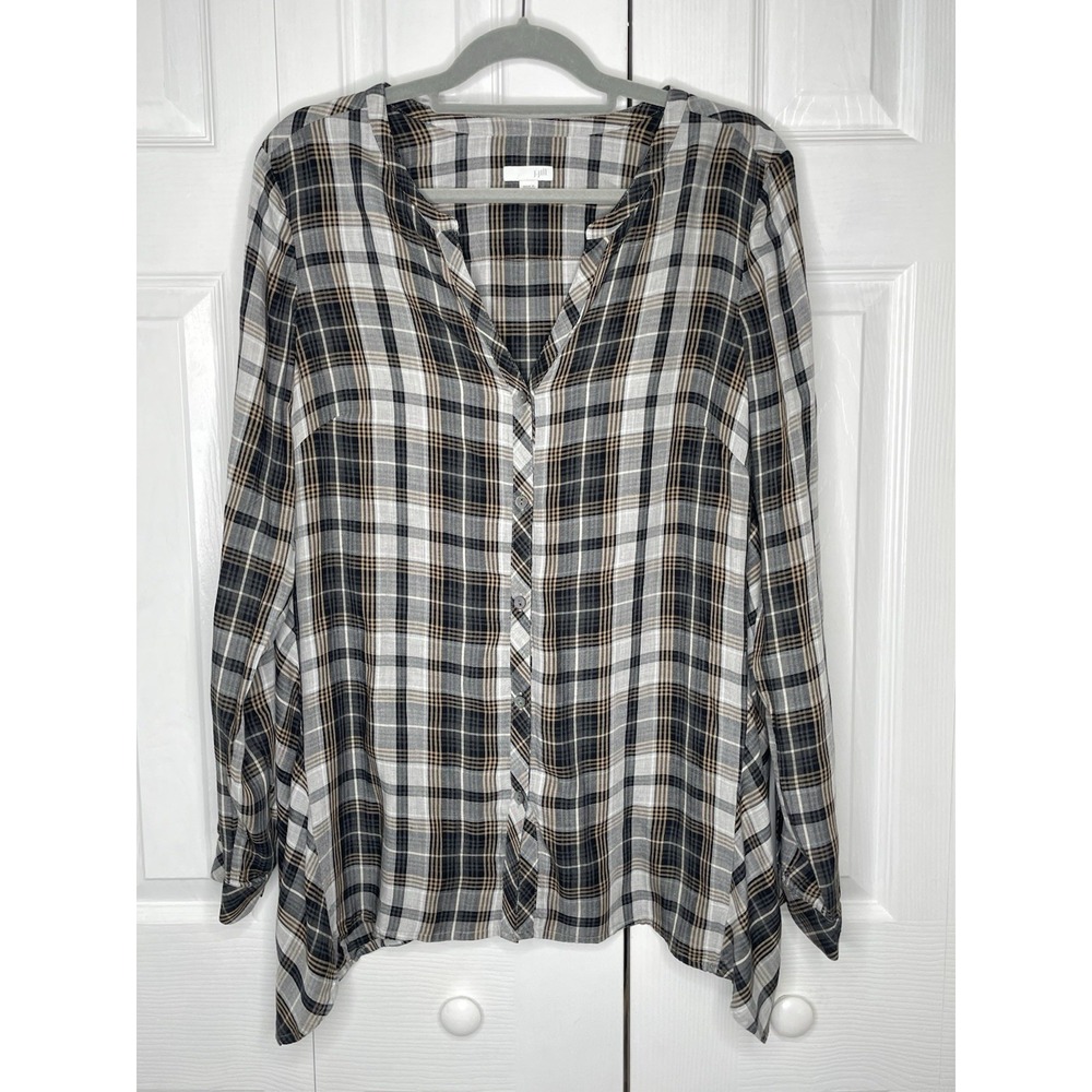 J. Jill Black & White Plaid Shirt Top Size M‎ Long Sleeve Button Up Western